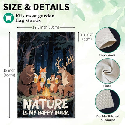 Nature Is My Happy Hour Garden Flag, Double Sided Farmhouse Lawn Outdoor Decor Yard Flags Gifts, Funny Campsite Yard Flag Gifts for Camping Lover, 12x18 In, Forest Animal Banner For Camper