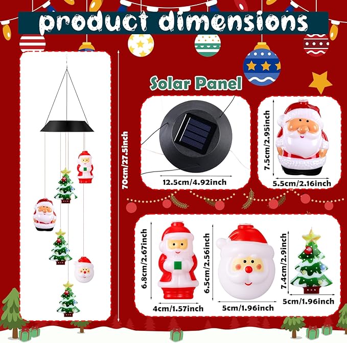 GlikCeil Christmas Solar Wind Chimes 27.5inch Christmas Decorations Outside Waterproof Hanging LED for Yard, Porch, Patio, Party, Color Changing Lights