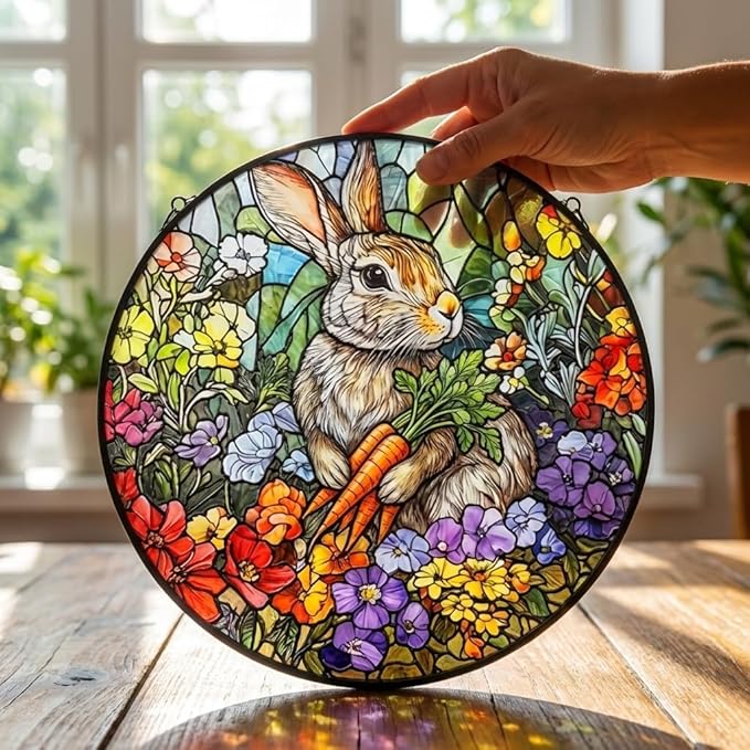 Stained Glass Window Hanging, 6.3in Bunny Sun Catcher for Window, Cute Rabbit Decor for Home & Easter Decor, Stained Glass Suncatcher Gifts for Women Mom Friend, Mother's Day Birthday