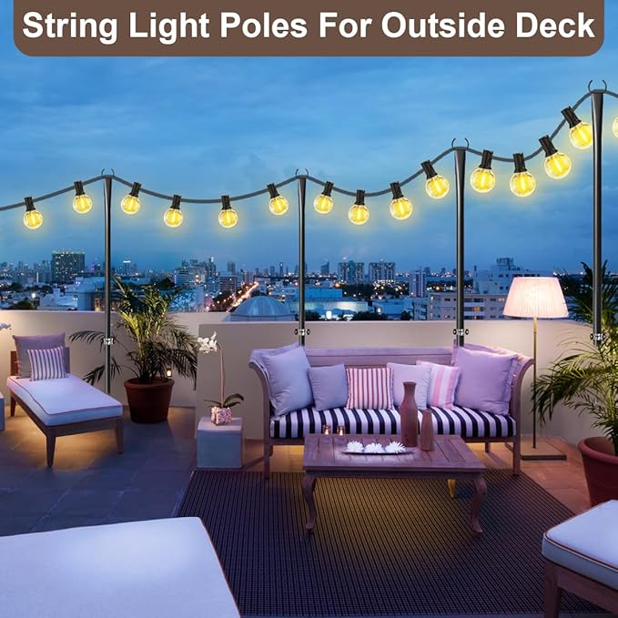 MuliVid 4 Pack String Light Poles for Outdoor,Metal Light Hanging Pole Outside with Fork,Light Stand for Patio, Pergola, Garden, Backyard, Yard, Camping Party (4 Pack)