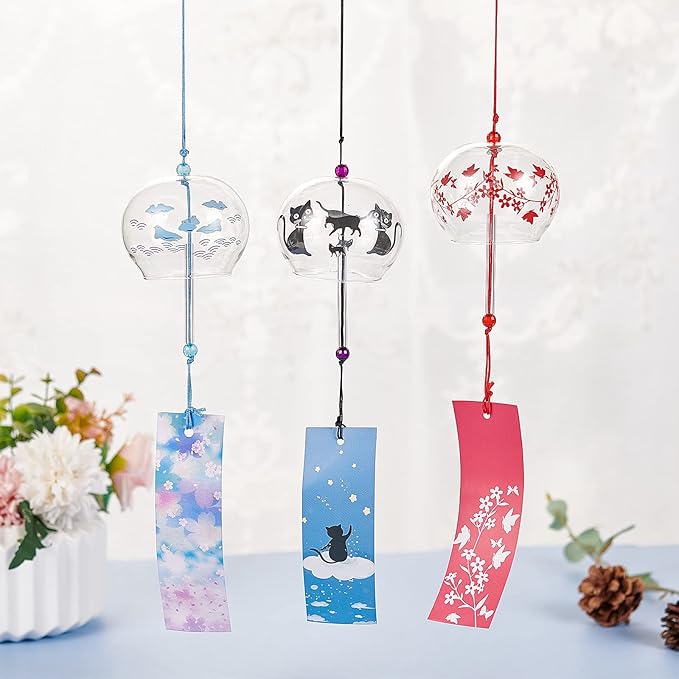 BENECREAT 3Pcs Japanese Glass Wind Chime, Handmade Wind Bells with Red/Blue/Black Pendants for Home Garden Decor, Birthday Gift