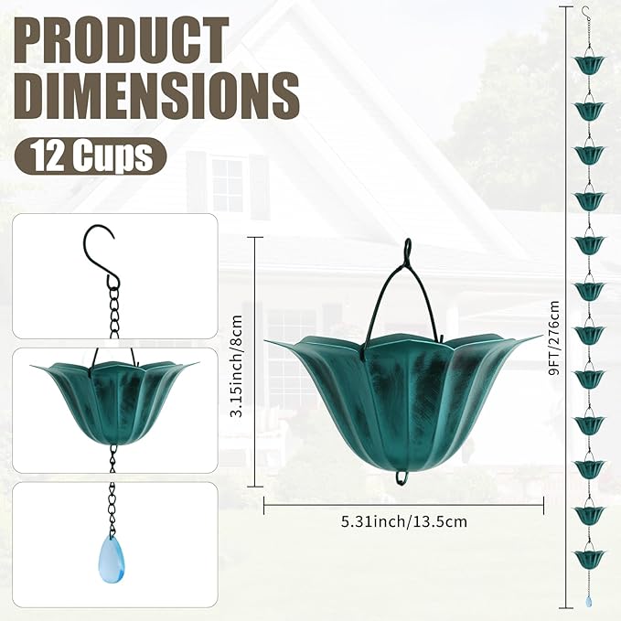 9 FT Rain Chain for Gutters, 12 Lotus Cup Design ， Adjustable Rain Chains for Outside Chains to Replace Downspout，Elegant Water Feature for Garden, Patio. (Lotus Antique Blue)
