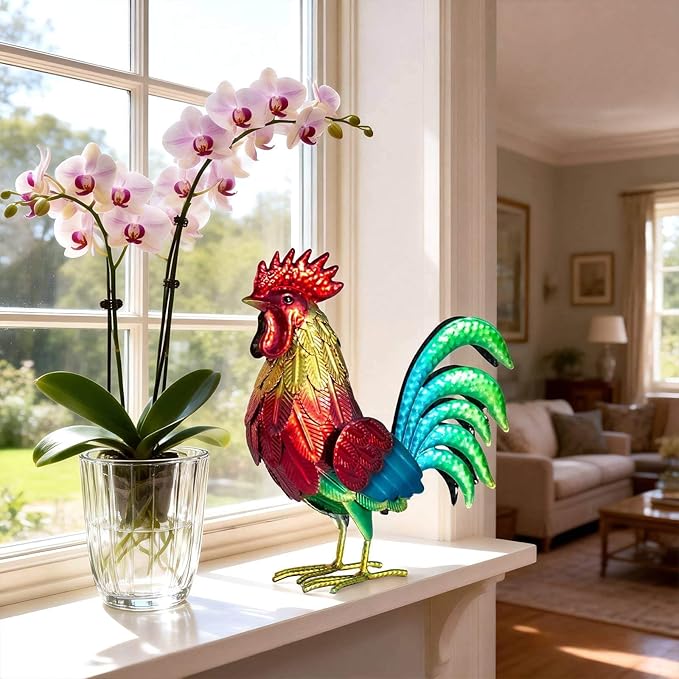 Natelf Metal Rooster Garden Statue Decor, Chicken Yard Art Standing Sculpture Lawn Ornament for Patio, Backyard, Kitchen, Home Decoration (red)