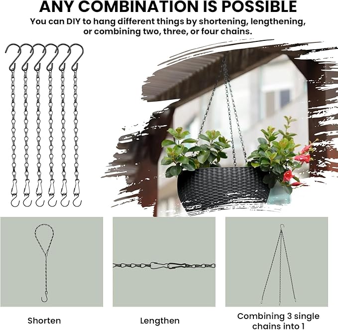 Black Chain for Hanging Plants, 6 PCS Small Chain for Hanging Basket, 24.5IN Hanging Chains with Hooks, Adjustable Plant Chain, Decorative Metal Hanging Basket Chain for Planter, Bird Feeder, Sign