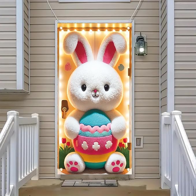 Happy Easter Door Cover Decoration Easter Eggs Bunny Banner Welcome Spring Happy Easter Day Party Photography Background Backdrop for Party Decorations Supplies 70.8 x 35.4 inch
