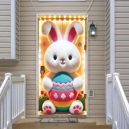 Happy Easter Door Cover Decoration Easter Eggs Bunny Banner Welcome Spring Happy Easter Day Party Photography Background Backdrop for Party Decorations Supplies 70.8 x 35.4 inch