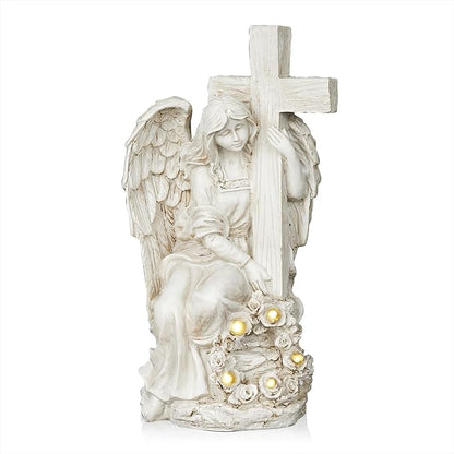 Alpine Corporation KGD574SLR Solar Angel Holding Cross Statue with LED Lights, Sentimental Decor for Garden, 14" H, White