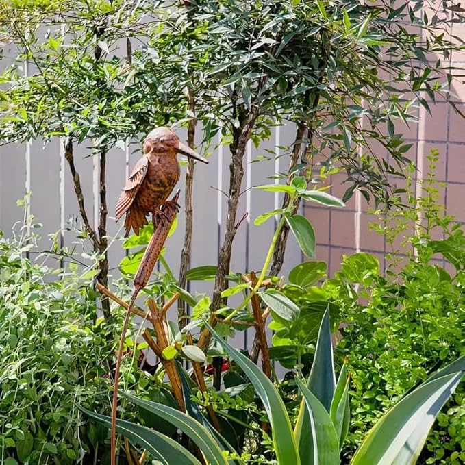 Rusty Kingfisher Metal Garden Stake, 42.5 Inch Bird Sculpture Yard Art, Decorative Lawn Ornament Gift for Bird Lovers (Bronze)
