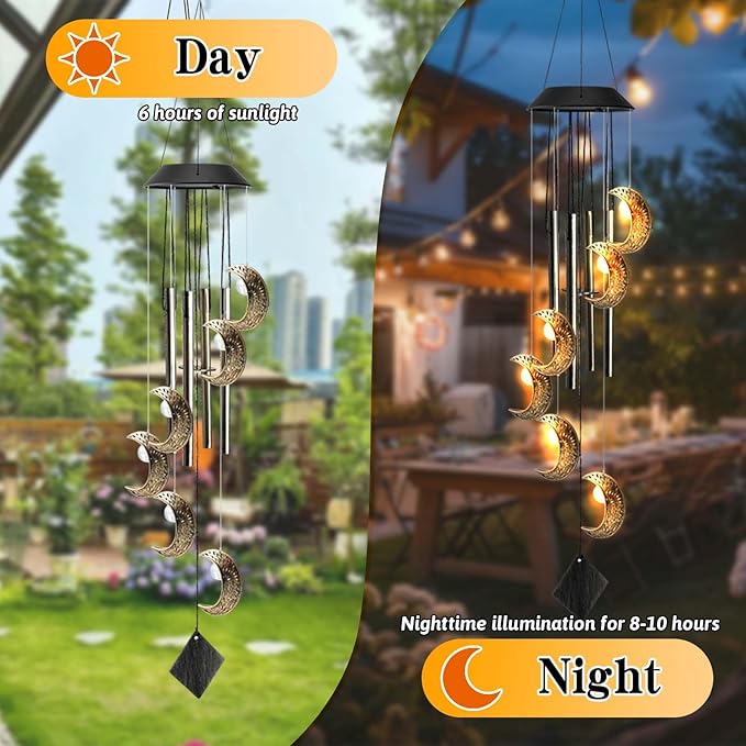Solar Wind Chimes for Outside, Waterproof Hanging Moon Wind Chimes for Outside， Balcony Patio Garden Decoration, Gift for Loved Ones Friends and Neighbors(Moon)