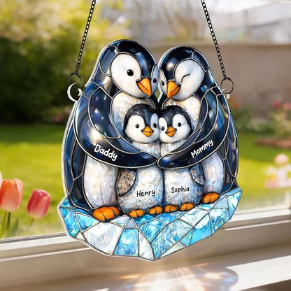 Personalized Penguin Family Acrylic Sun Catcher Ornament Gift for Grandma Mom Dad Grandpa, Custom Kids Names Window Decor, Mothers Day Birthday Gifts for Mimi Nana Papa from Grandkids