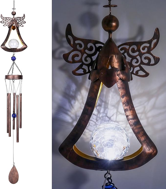 Taman Wind Chime - 42" Angel Solar Lights Wind Chimes Valentine's Day Gift for Outside Crackle Glass Ball LED Decorative Memorial Gift, Aluminum Tubes for Home, Outdoor, Yard, Patio,Garden Decor