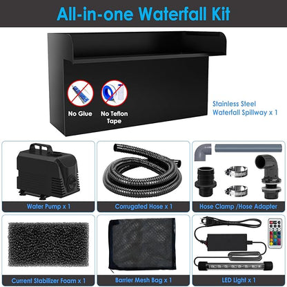 AquaMiracle All-in-1 Pond Waterfall Kit with LED Lights, 18" Stainless Steel Spillway with 800GPH Water Pump, Lighted Waterfall Fountain Outdoor for Water Garden, Backyard, Pool