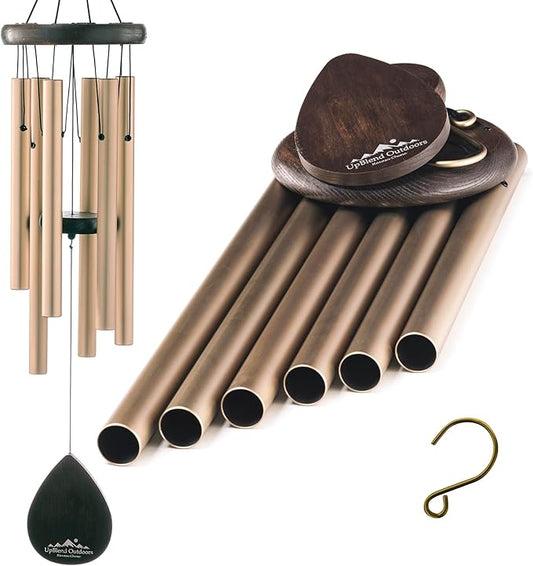 UpBlend Wind Chimes for Outside Gift – Deep Tone Wind Chime with Decorative Stone – Porch & Patio Decor, Elegant Outdoor Ornament, Garden Gifts. 28” Gold.