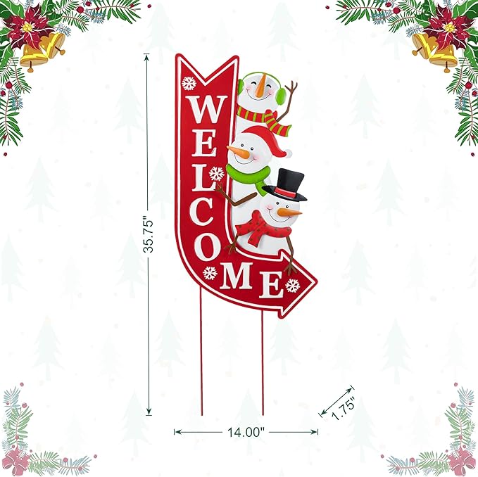 Glitzhome Christmas Welcome Yard Stake, 35.75 Inch Snowmen with Red Arrow Sign, Metal Outdoor Holiday Decor for Lawn, Garden, Porch, Easy Assembly Iron Wall or Ground Decoration
