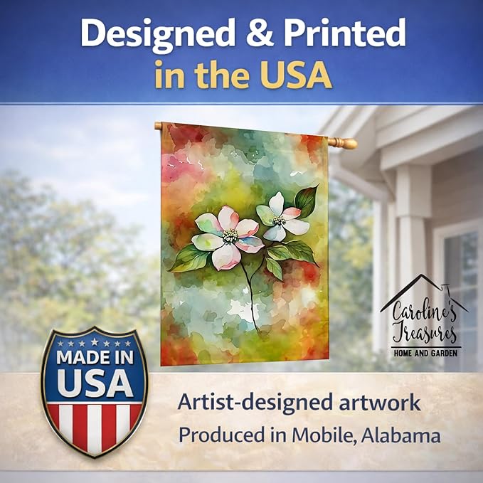 Caroline's Treasures Virginia American Dogwood in Watercolor House Flag Large Porch Sleeve Pole Decorative Outside Yard Banner Artwork Wall Hanging, Polyester, House Size, Multicolor