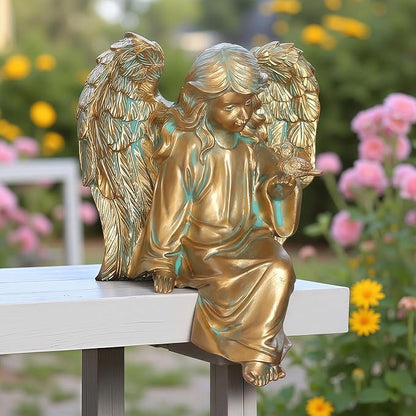 Angel Garden Statue, Sitting Angel Sculpture, Resin Angel with Bird Figurine for Patio Yard Porch Lawn Outdoor Decor Home Shelf Sitter Memorial Spiritual Gifts (Bronze)