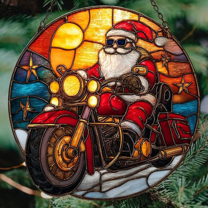 Cool Retro Santa Riding Motorcycle Mosaic Acrylic Suncatcher Stained Glass Effect Window Car Hanging Christmas Ornament Indoor Outdoor Decor Garden Sun Catcher Panel for Women Mom Grandma