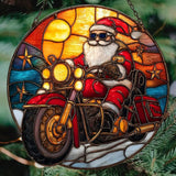 Cool Retro Santa Riding Motorcycle Mosaic Acrylic Suncatcher Stained Glass Effect Window Car Hanging Christmas Ornament Indoor Outdoor Decor Garden Sun Catcher Panel for Women Mom Grandma
