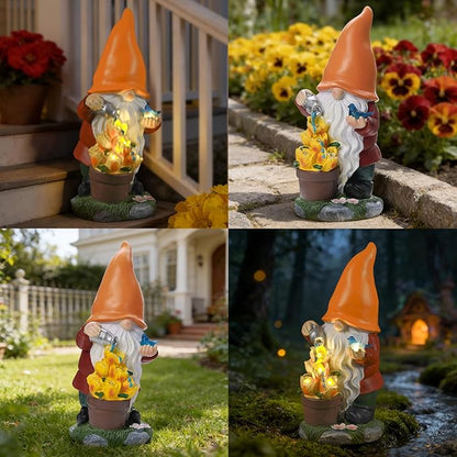 Solar Gnome Statue Outdoor Decor,Gnome Figurines with Flower LED Light for Garden Decorations for Patio Lawn Balcony Fairy Gardens,Housewarming Gifts for Women Mom