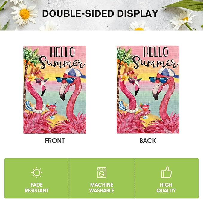 AVOIN colorlife Flamingo Hello Summer Garden Flag 12x18 Inch Double Sided, Welcome Seasonal Holiday Burlap Yard Outdoor Decoration