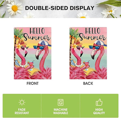 AVOIN colorlife Flamingo Hello Summer Garden Flag 12x18 Inch Double Sided, Welcome Seasonal Holiday Burlap Yard Outdoor Decoration