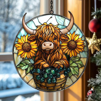 Highland Cow and Sunflower Mosaic Acrylic Suncatcher Stained Glass Effect Window Car Hanging Christmas Ornament Indoor Outdoor Decor Garden Sun Catcher Panel for Cow Lover for Women Mom Grandma