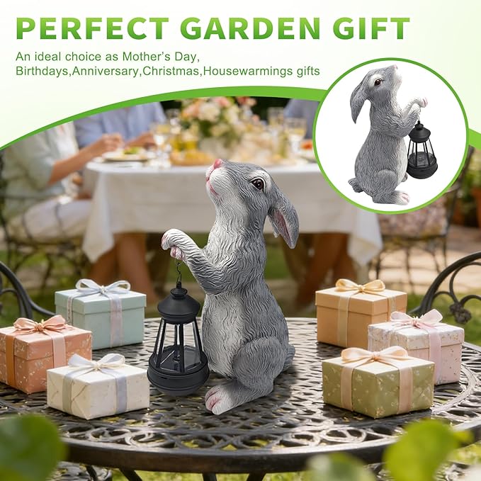 11.8 Inch Bunny Solar Garden Statue, Easter Rabbit Figurine with Glowing Lantern, Handcrafted Resin Outdoor Decor for Patio, Balcony, Yard, Gift for Women, Housewarming, Birthday, Easter Party Decor