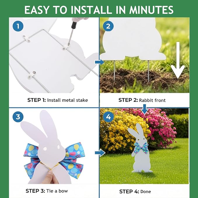 4PCS Easter Bunny Yard Decorations,Waterproof PVC Bunny Signs with Metal Stakes & Colorful Egg Bows for Outdoor Spring Garden and Lawn Decor