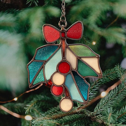 Mistle Toe Mosaic Style Acrylic Suncatcher Stained Glass Effect Window Car Hanging Christmas Ornament Indoor Outdoor Decor Garden Sun Catcher Panel for Women Mom Grandma