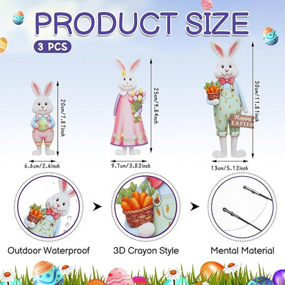 DoubleFill 3 Pcs Easter Decorations Outdoor 3D Metal Easter Eggs Tulip Yard Signs Decorative Garden Stakes Eggs Bunny Gnome Lawn Decorations Yard Decor for Spring Lawn Pathway Garden (Bunny Style)