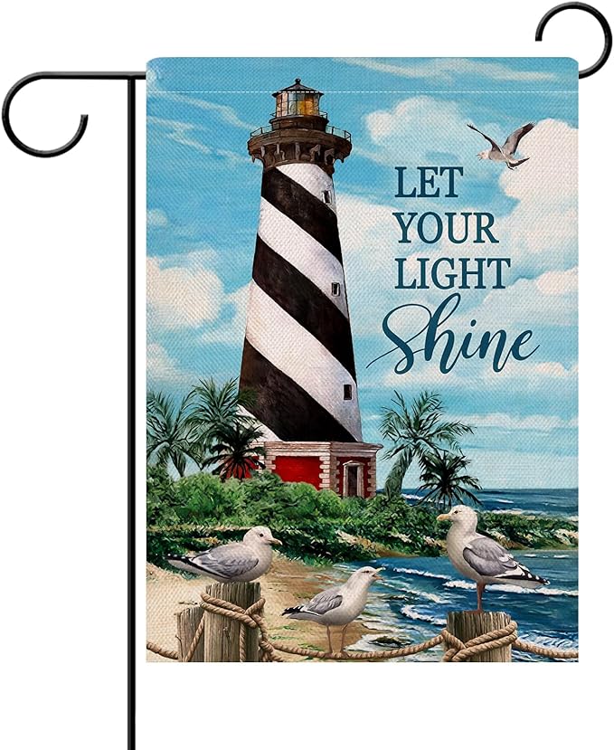 Dyrenson Let Your Light Shine Summer Beach Lighthouse Decorative Garden Flag, Coastal Ocean Yard Outside Decorations Outdoor Small Decor 12x18