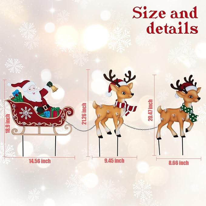 WONDER GARDEN Christmas Metal Yard Stakes, Lighted 3 Pack Christmas Garden Stakes Yard Signs, Outdoor Decorations with Santa Sleigh and Reindeer for Lawn Party Outside