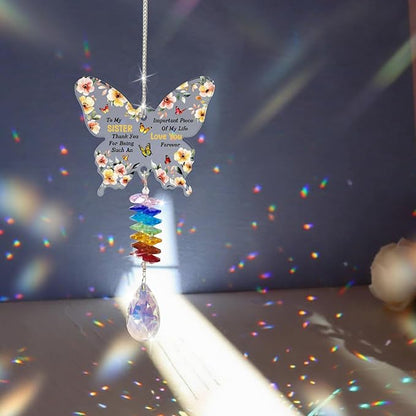 GLOBLELAND Flowers Crystal Suncatcher Gifts for Sisters Butterfly-Shaped Crystal Suncatcher Hanging Ornament Birthday Graduation Anniversary Presents for Sister Bestie Good Friends