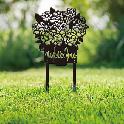 SUPERDANT Flowers Metal Garden Decor Floral Vase Decorative Stakes Welcome Yard Sign Ornament Black Outdoor Iron Fence Signs Wall Art for Home Outside Lawn Porch Walkway Farm Patio Gifts