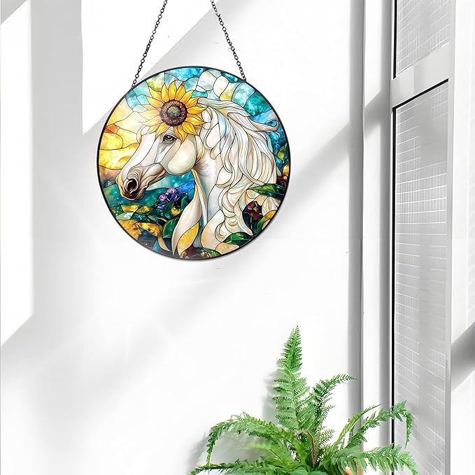 Bimkole Horse Stained Glass Suncatcher Window Hanging - Animals Indoor Window or Doorway Decoration - Handmade Sun Catcher Decor for Garden Home Christmas & Birthday Gifts 7.87x7.87 in