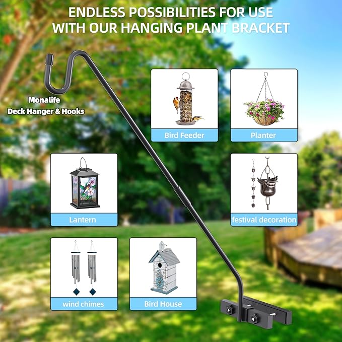 Deck Hook Railing Mount - Heavy Duty Metal Shepherds Hook Bracket for Outdoor Plant Hanger, Bird Feeder Hanger, Plant Hooks, Flower Baskets, Lanterns - 360° Rotating Pole, Extended Arm