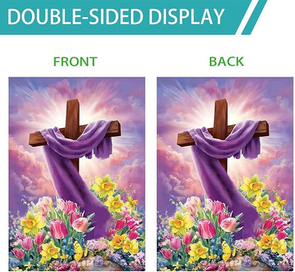 Spring Summer Easter House Flag 28x40 Inch Double Sided Large Burlap Cross Tulip Lily Flower Yard Garden Flags for Seasonal Farmhouse Outside Outdoor Decoration