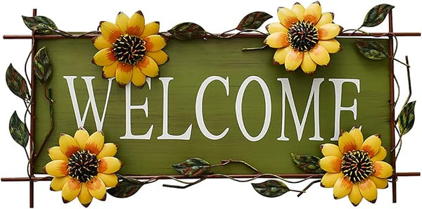Sunflower Welcome Sign Metal Hanging Welcome Plaque for Wall Front Door - Decorative Flower Yard Signs Spring Wreath Decor for Garden Porch Patio Backyard (B)