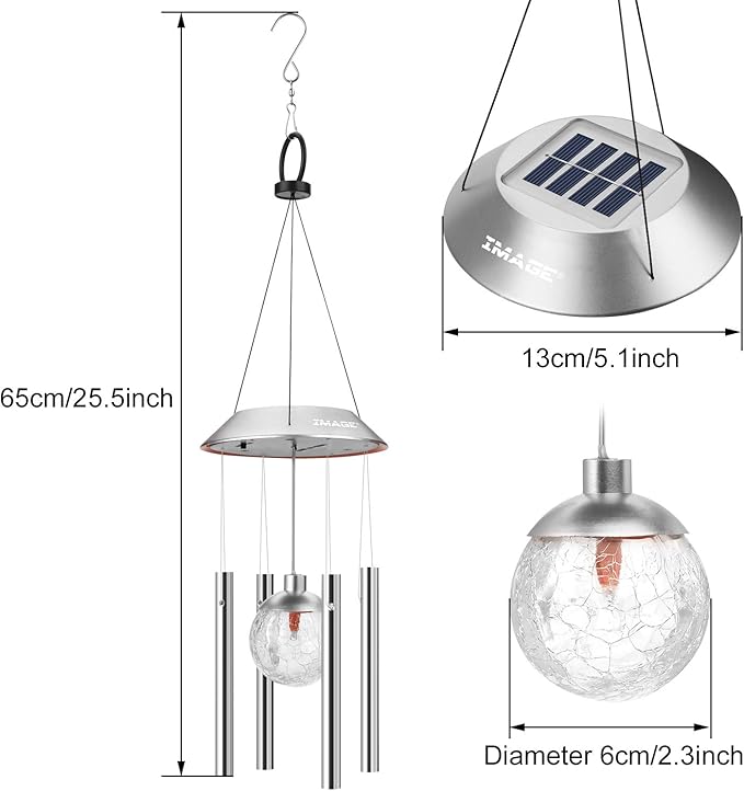 IMAGE Solar Wind Chime Outdoor Hanging Lights Crackle Glass Ball Wind Chimes Color Changing Lights with Metal Tube Hanging Garden Lights for Patio Yard Home Decor Gifts for Mom Women