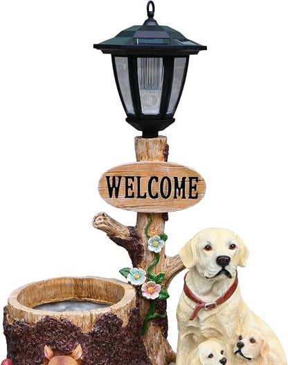 Solar Light Animal Outdoor Statue Planter with Welcome Sign, Resin Garden Sculpture Flower Pot for Patio Lawn Porch Yard Courtyard Decor, Weather-Resistant Decorative Figurine Accent (L)