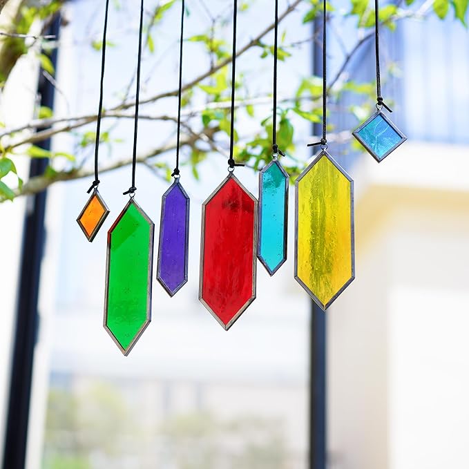 HDCRYSTALGIFTS Set 7 Sun Catchers Stained Glass Decor Gift,Stained Glass Window Hanging Suncatchers with Hooks Rainbow Maker Home Garden Glass Ornaments for Christmas Tree