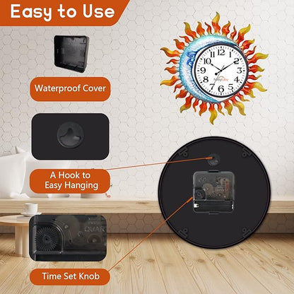 Outdoor Clock，Sun-Moon Outdoor Wall Clock Silent Non-Ticking，Indoor Outdoor Clock for Patio, Living Room,Home Decor