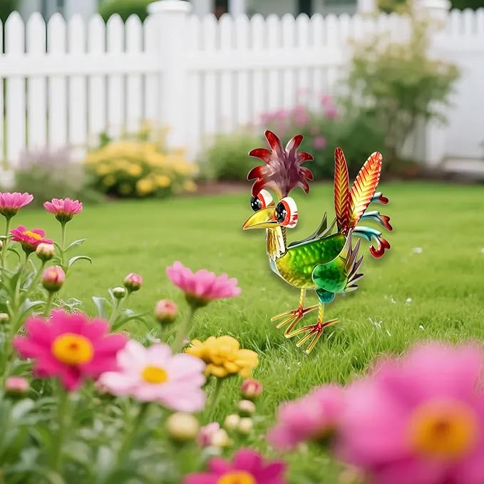 7.9" Garden Rooster Statues Sculpture, Metal Rooster Statues, Outdoor Animal Statue, Chicken Ornaments Yard Art for Backyard Patio Lawn Decorations (Rooster Colorful)