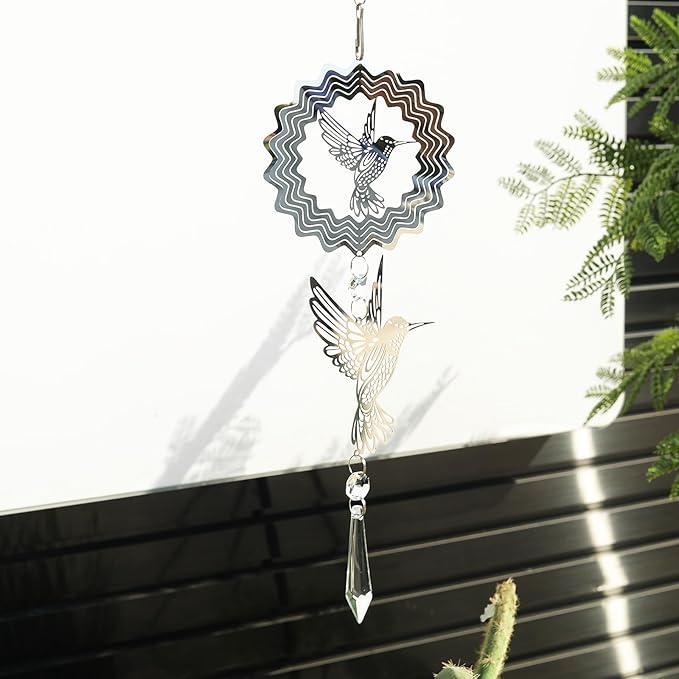 LONGSHENG - SINCE 2001 - Crystal Suncatcher Wind Spinner Pendant Hanging Silver Hummingbird Ornament Rainbow Maker Garden Patio Sun Catcher Glass Crystals for Indoor Outdoor Decoration