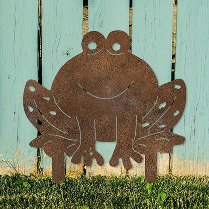 Rusty Metal Frog Garden Statue - Classic Outdoor Lawn Ornament, Durable Metal Silhouette Stake Decor for Yard, Patio, Weather-Resistant & Easy Ground Installation