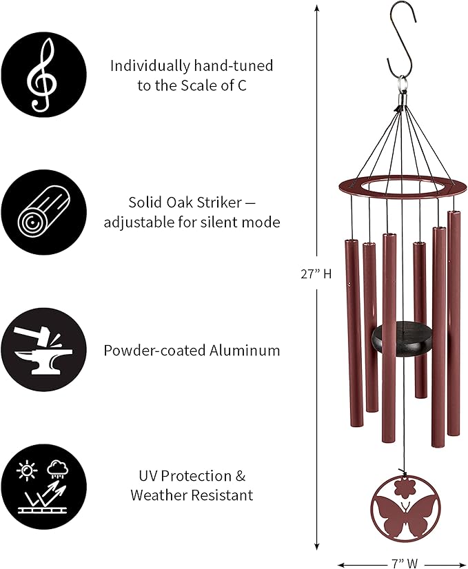 Evergreen Hand Tuned Butterfly Wind Chime for Outside | Scale of C | Deep Tone | Powder-Coated Metal | Red | 27-Inches Tall | Memorial Gift for Home Garden Decoration