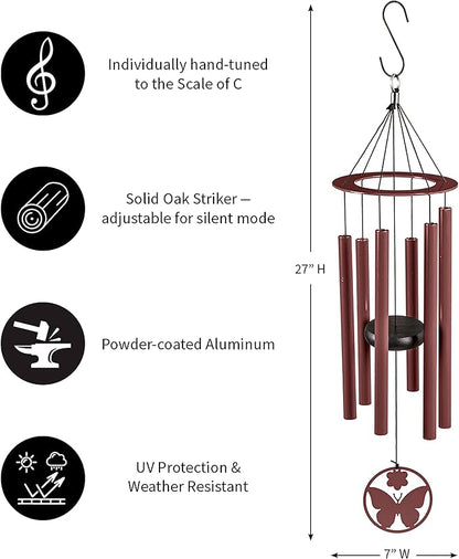 Evergreen Hand Tuned Butterfly Wind Chime for Outside | Scale of C | Deep Tone | Powder-Coated Metal | Red | 27-Inches Tall | Memorial Gift for Home Garden Decoration
