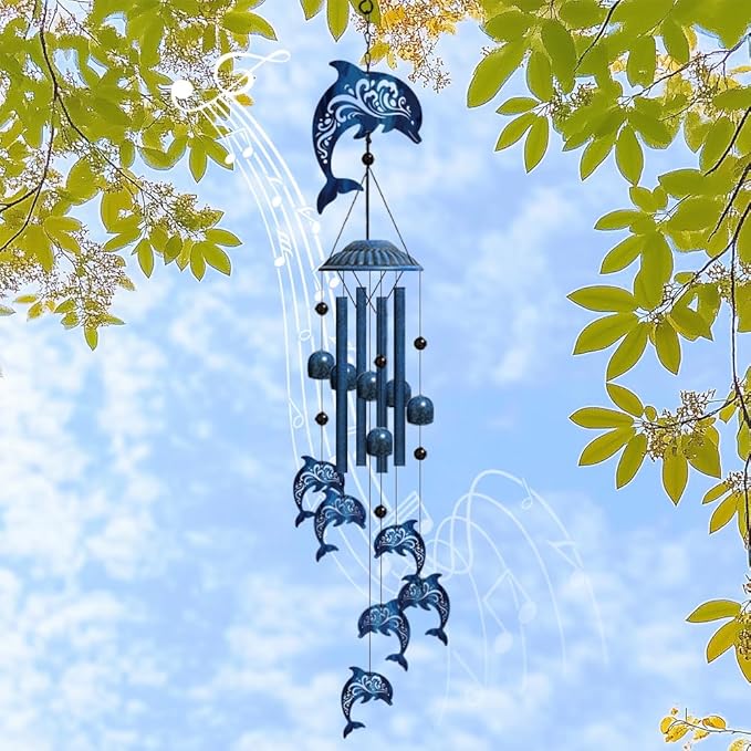 OLYCRAFT Dolphin Wind Chimes Outdoors Wind Chime Sympathy Memorial Windchime Iron Windchime Memorial Presents Summer Ocean Hanging Windbell for Patio Backyard Home Garden Pendant Decoration