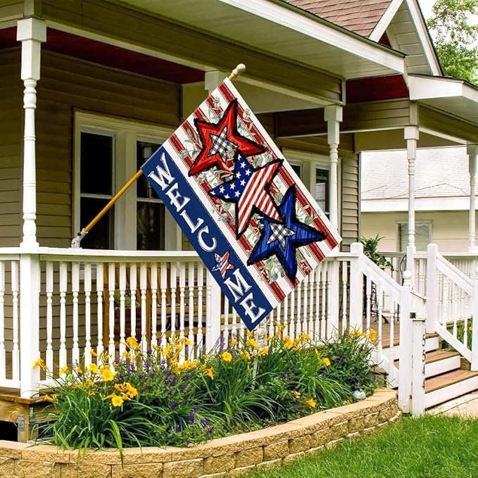 Independence Day 4th of July House Flag Burlap 28x40 Inch Double Sided, Patriotic American Stars and Stripes Yard Outdoor Decor DF304-28