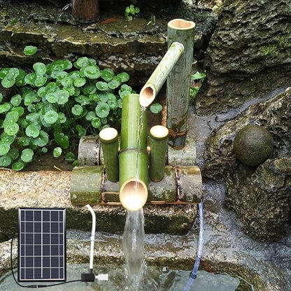 Natural Bamboo Solar Water Fountain, Outdoor Decorative Garden Waterfall Feature with Solar Panel,Bamboo Fountain Japanese Nozzle100% Handmade
